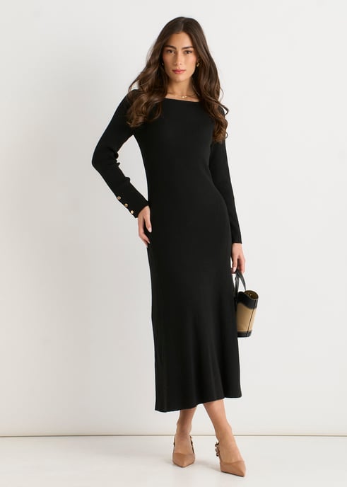 Vestido ajustado y acampanado de punto con cuello en V negro - Image 1