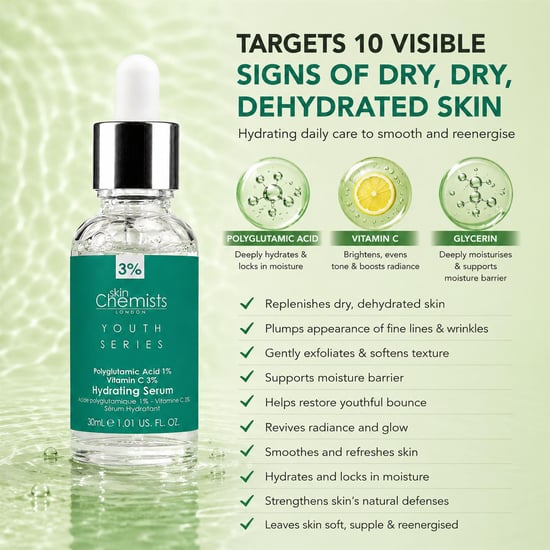 skinChemists Sérum hidratante antiedad con ácido poliglutámico al 1% y vitamina C al 3%, 30 ml. - Image 3