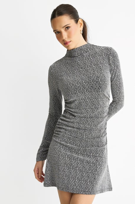 Minivestido elástico gris de cuello alto y tachuelas Hot Fix - Image 2