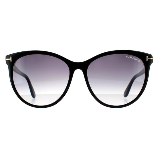 Gafas de sol redondas para mujer Tom Ford en negro brillante y gris humo degradado - Image 1