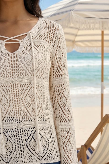 Crochet Tie Front V-Neck Tunic Top - Image 4