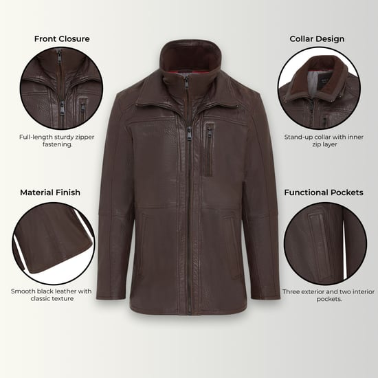 Abrigo de cuero marrón cálido de longitud media para hombre - Colac - Image 3