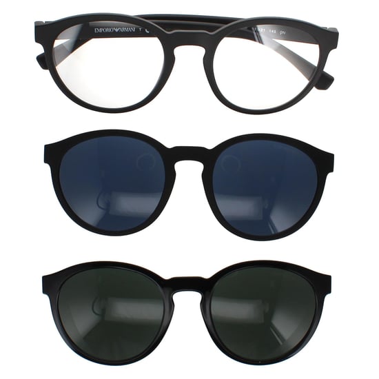 Gafas de sol Emporio Armani redondas para hombres en negro mate con clip de sol transparente - Image 5