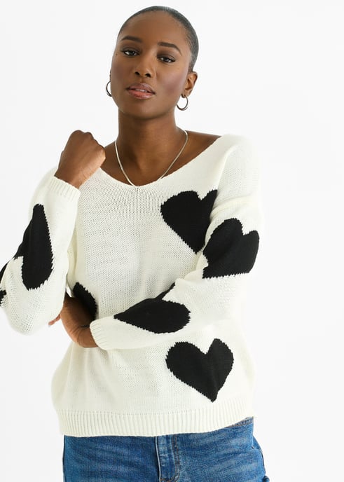 Jersey de punto blanco con cuello en V y corazón oversize - Image 2