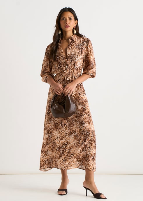 Vestido midi con estampado animal marrón - Image 1