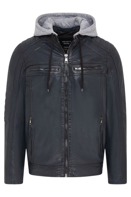 Chaqueta motera de piel de cordero con capucha azul para hombre - Kingston - Image 2