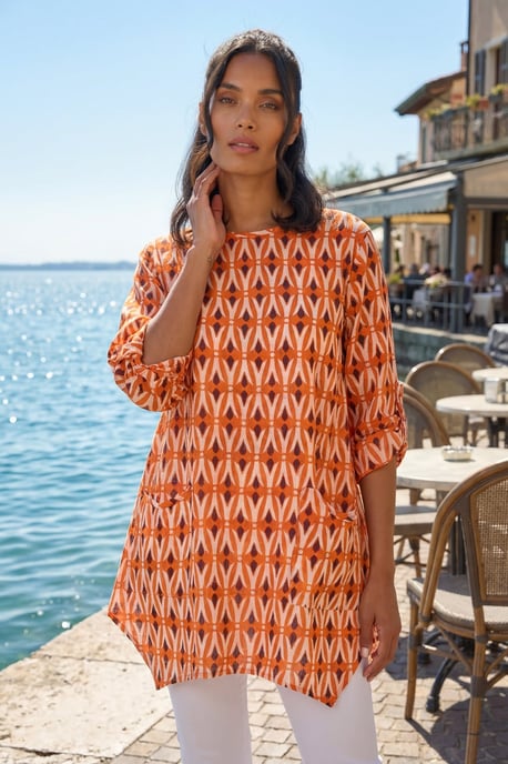 Cotton Geometric Pocket Longline Tunic Top - Image 1