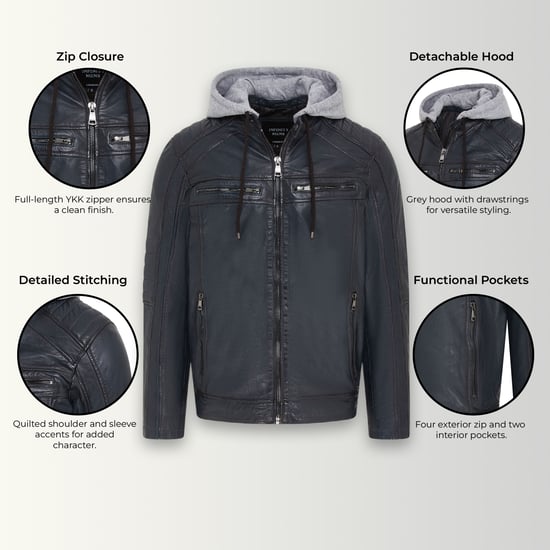 Chaqueta motera de piel de cordero con capucha azul para hombre - Kingston - Image 3