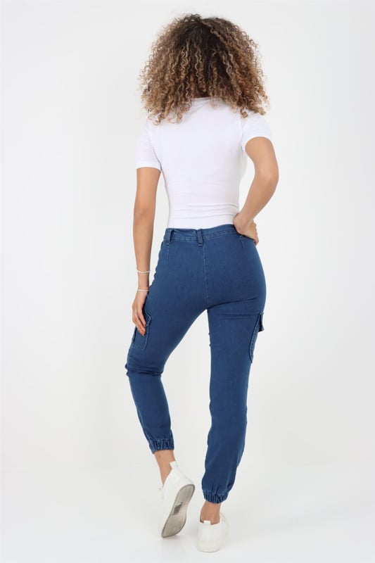 Vaqueros con pu os y cintura el stica lateral para mujer en azul